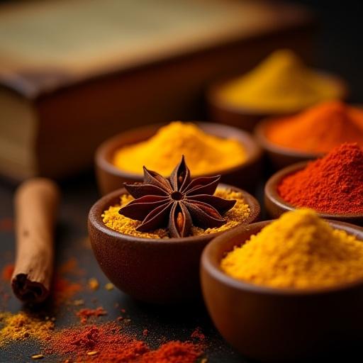 Close-up of vibrant, exotic spices like star anise, cinnamon, and turmeric arranged in small wooden bowls, with a historical reference book in the background.